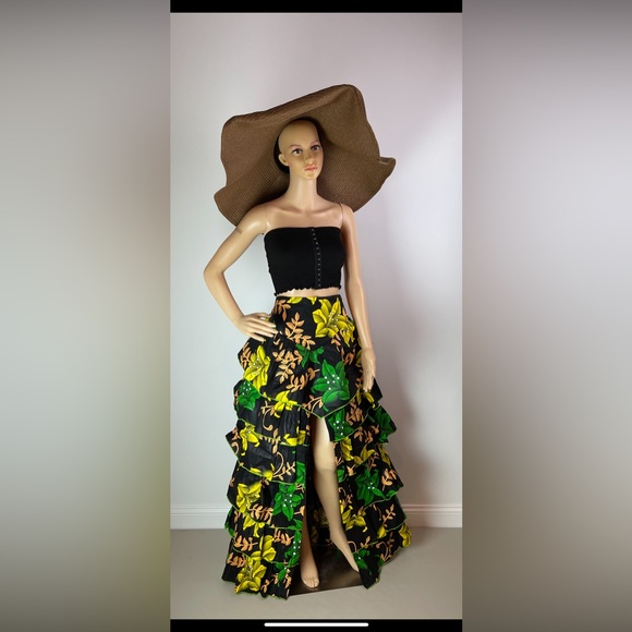 Handmade Green Multicolor Layered Ruffle Floral Print High Slit Maxi Skirt - Picture 2 of 10